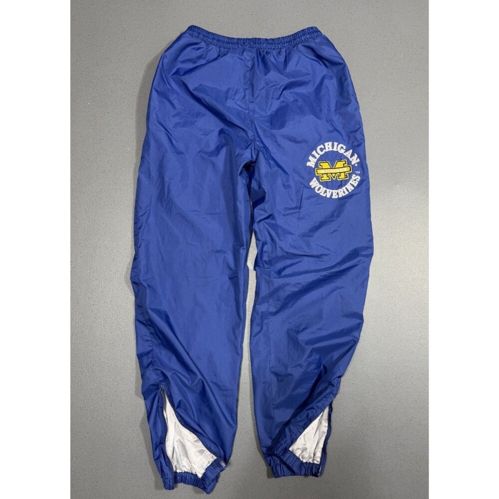 Vtg 90s Genuine Stuff Michigan Wolverines Nylon Track Pants Blue Lined Zip Cuffs